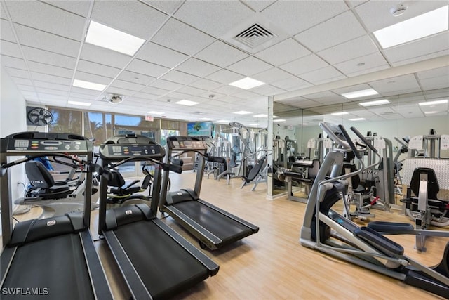 workout area featuring a paneled ceiling and hardwood / wood-style floors