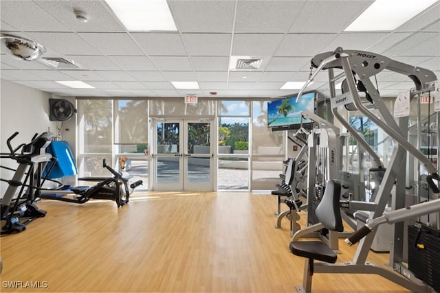 exercise room featuring floor to ceiling windows, plenty of natural light, hardwood / wood-style flooring, and french doors