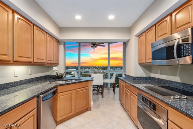 kitchen with ceiling fan, sink, appliances with stainless steel finishes, and dark stone counters