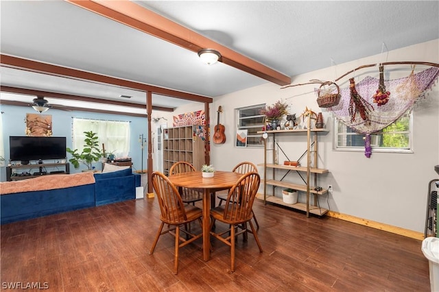 dining area with beamed ceiling, plenty of natural light, and dark hardwood / wood-style floors