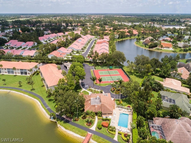 aerial view featuring a water view