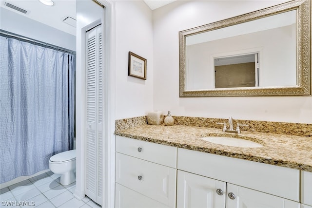 bathroom featuring tile patterned flooring, vanity, toilet, and a shower with shower curtain