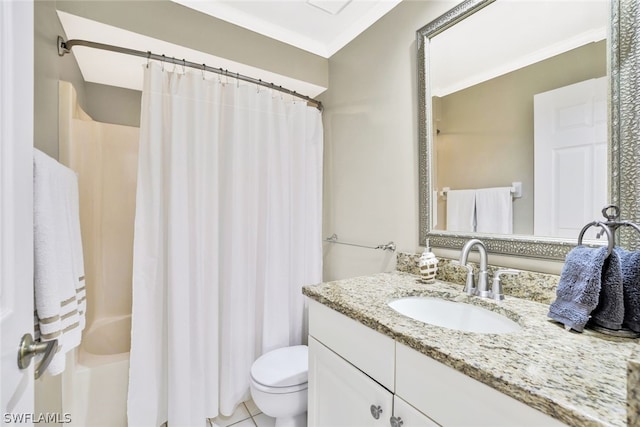 full bathroom featuring tile patterned flooring, shower / bath combination with curtain, toilet, vanity, and ornamental molding