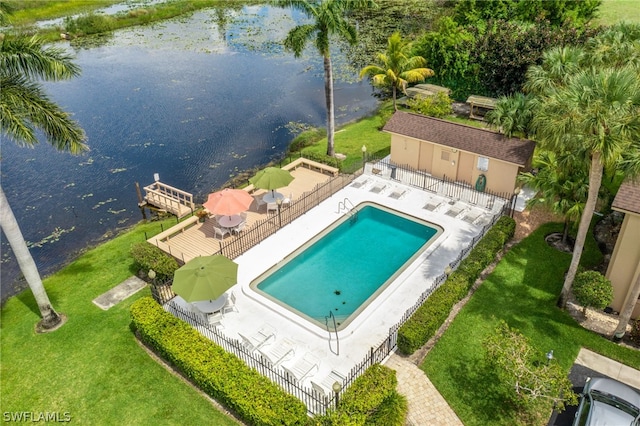 bird's eye view with a water view