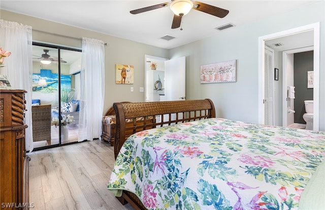 bedroom featuring connected bathroom, access to exterior, ceiling fan, and light wood-type flooring