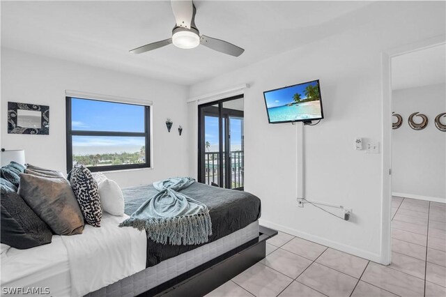 bedroom with access to outside, ceiling fan, and light tile patterned floors