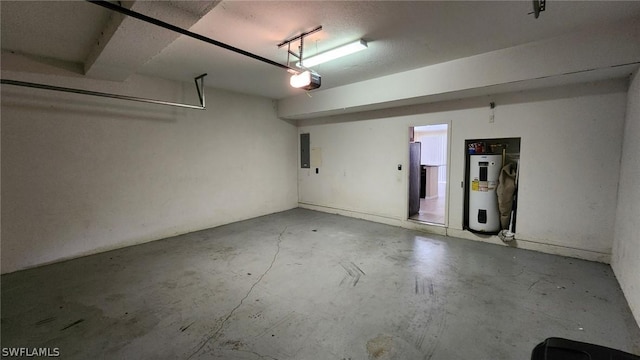 garage featuring electric panel, electric water heater, and a garage door opener