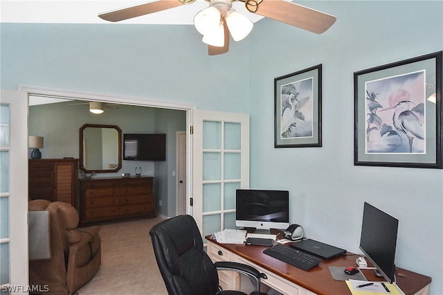 office with tile patterned floors and ceiling fan