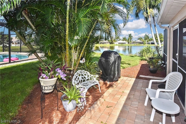 view of patio / terrace featuring a water view