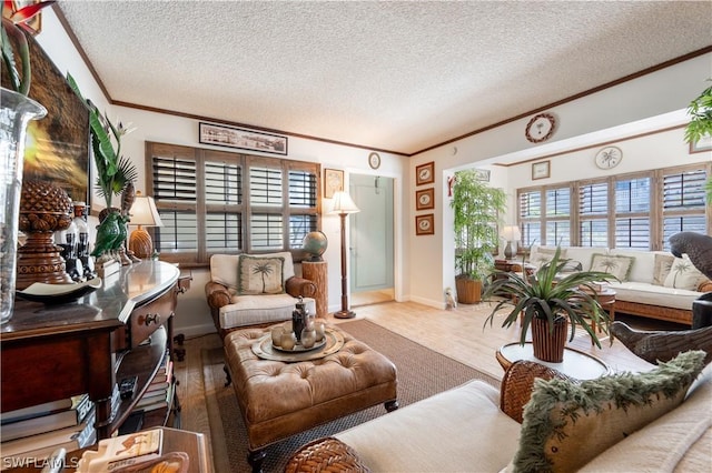 living room with hardwood / wood-style floors and a textured ceiling