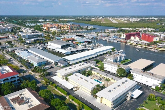 bird's eye view with a water view