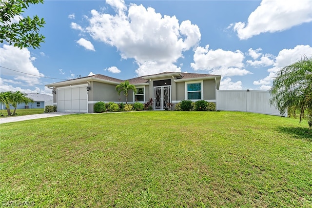 ranch-style house featuring a garage and a front yard