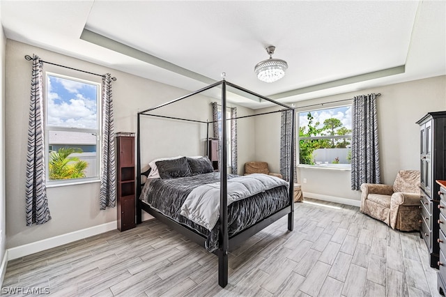 bedroom with a raised ceiling and light hardwood / wood-style flooring