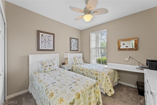 bedroom featuring carpet, a closet, and ceiling fan