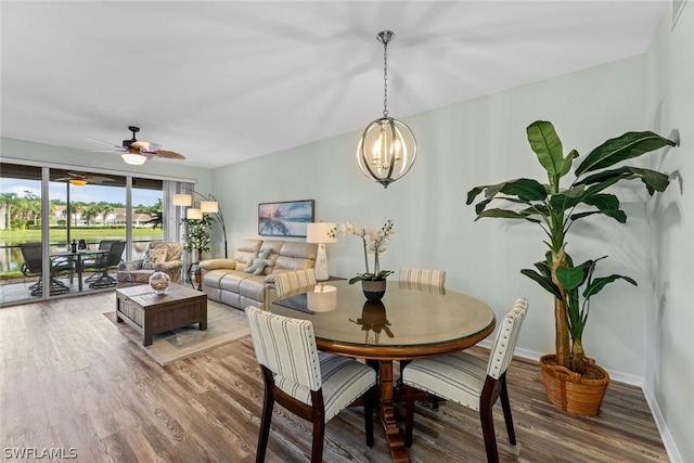 dining room featuring ceiling fan with notable chandelier and hardwood / wood-style flooring