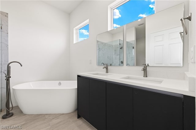 bathroom featuring tile patterned floors, a washtub, and dual bowl vanity