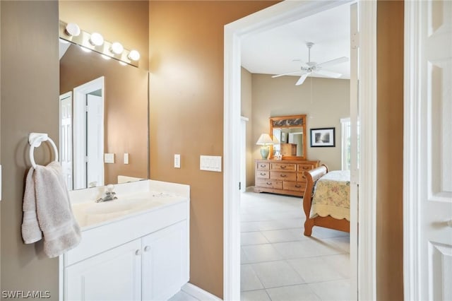 bathroom with vanity, tile patterned flooring, and ceiling fan