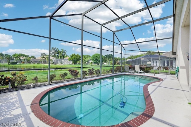 view of pool with a water view, a lanai, and a patio