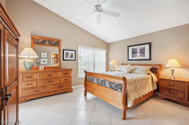 bedroom featuring lofted ceiling, light tile patterned floors, and ceiling fan