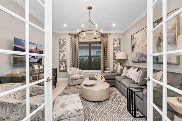 living room featuring french doors, crown molding, and an inviting chandelier