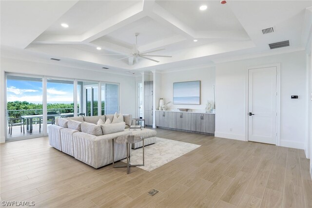 living room featuring coffered ceiling, ceiling fan, and light wood-type flooring