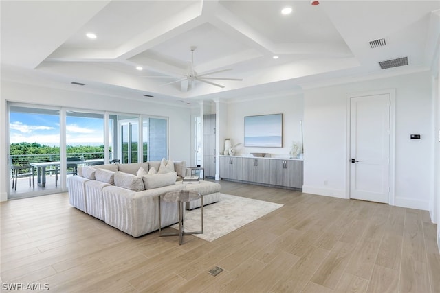 living room with visible vents, coffered ceiling, baseboards, light wood-style flooring, and recessed lighting
