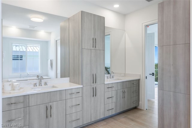 full bathroom featuring two vanities, a sink, and wood finished floors