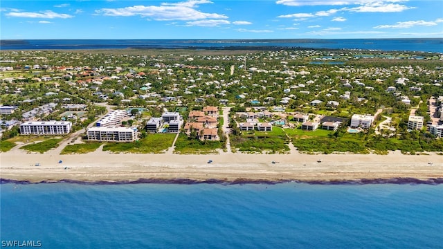 bird's eye view featuring a view of the beach and a water view