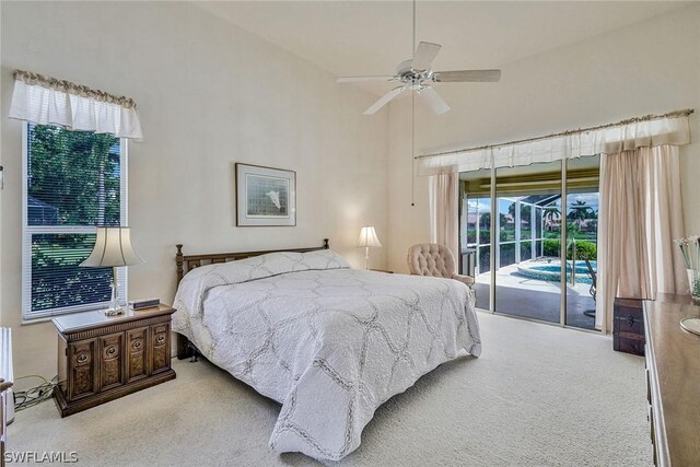 bedroom with high vaulted ceiling, access to outside, light carpet, and ceiling fan