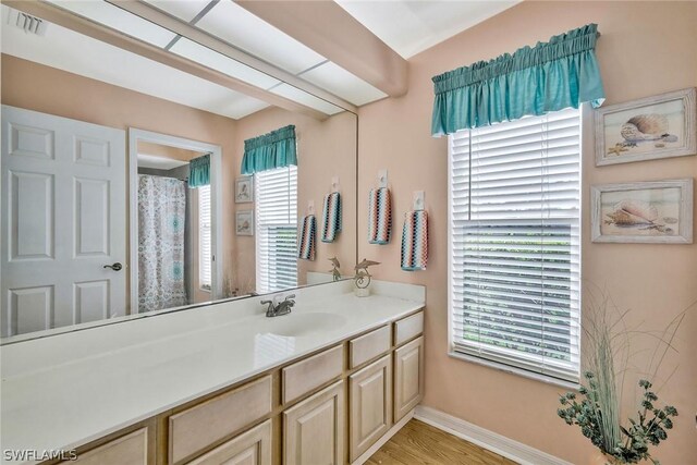 bathroom featuring vanity, a wealth of natural light, and hardwood / wood-style flooring