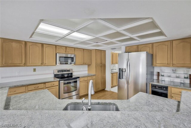 kitchen featuring sink, appliances with stainless steel finishes, light stone countertops, and light hardwood / wood-style flooring