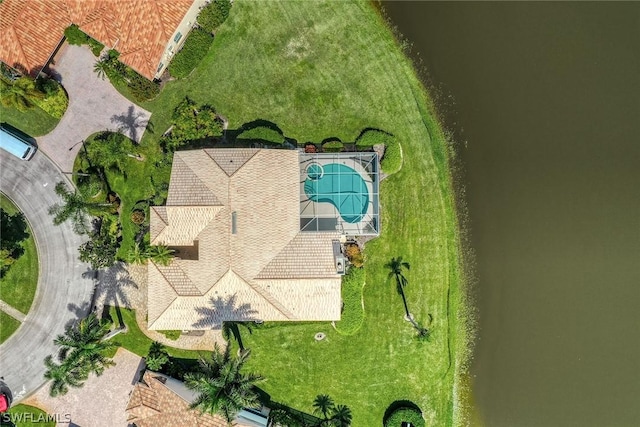 aerial view featuring a water view