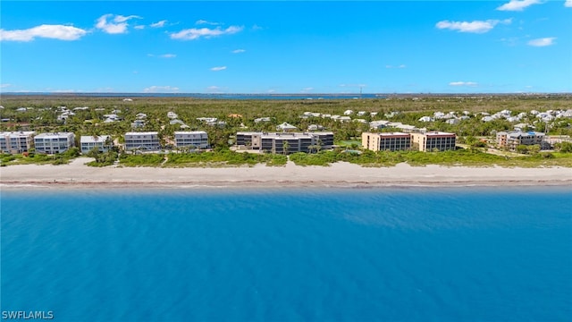 aerial view with a water view and a beach view