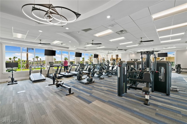 workout area featuring a drop ceiling, ceiling fan, and carpet floors