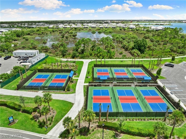 birds eye view of property featuring a water view