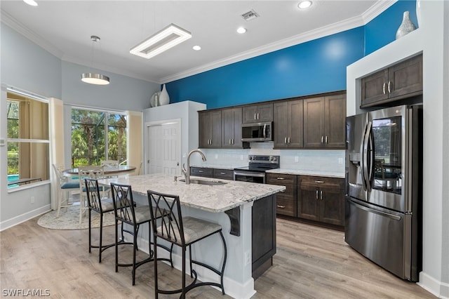 kitchen with decorative light fixtures, sink, dark brown cabinetry, and stainless steel appliances