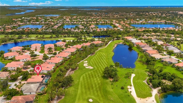 drone / aerial view featuring a water view