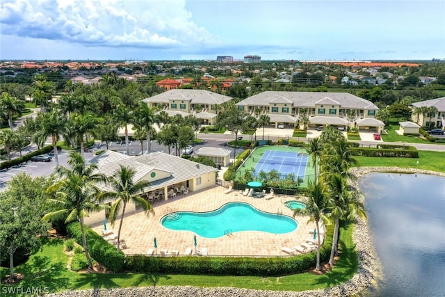 aerial view featuring a water view