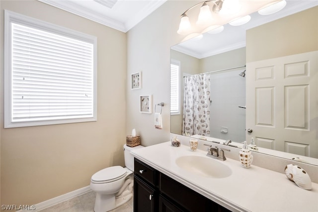 bathroom featuring tile patterned floors, walk in shower, vanity, crown molding, and toilet