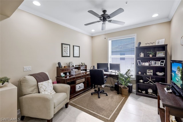 tiled office space with ceiling fan and ornamental molding