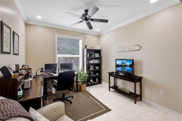 office featuring ceiling fan and ornamental molding