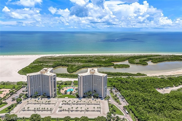 aerial view featuring a water view and a view of the beach