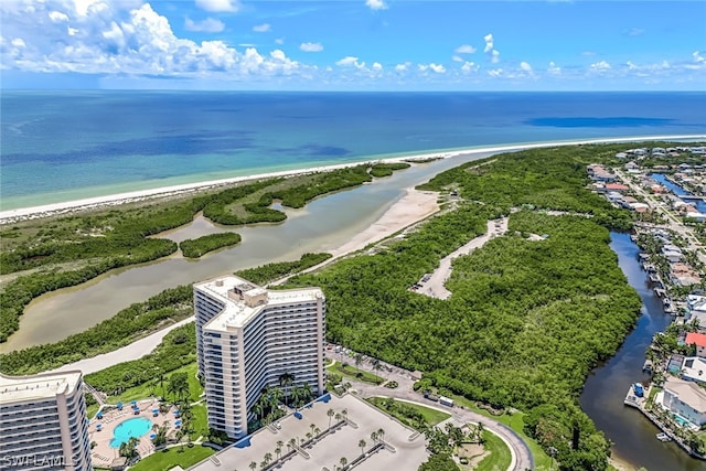 aerial view featuring a water view and a view of the beach