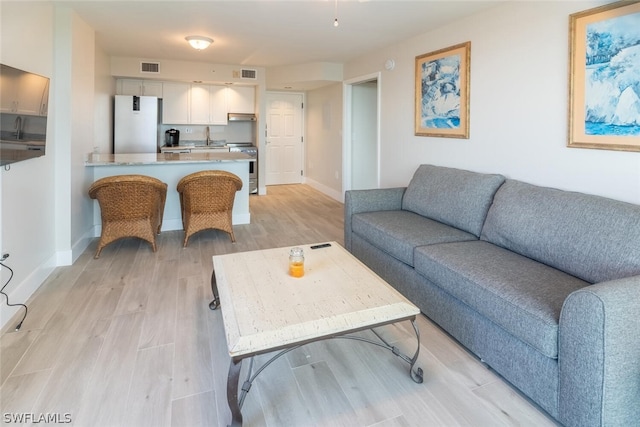 living room featuring light hardwood / wood-style flooring and sink