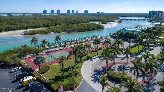 aerial view with a city view and a water view