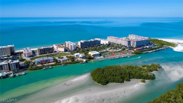 aerial view with a city view and a water view