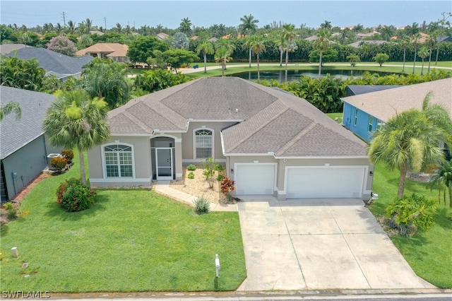 single story home with a garage and a front yard