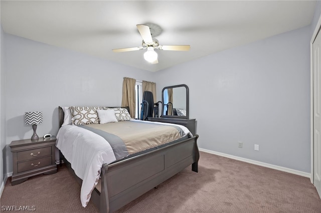 carpeted bedroom featuring ceiling fan