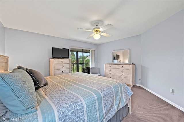 bedroom featuring carpet floors, access to outside, and ceiling fan