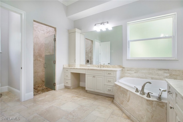 bathroom with vanity and plus walk in shower